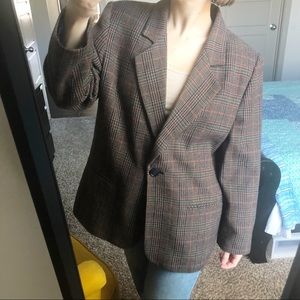 Vintage Brown Plaid Wool Blazer Jacket Houndstooth